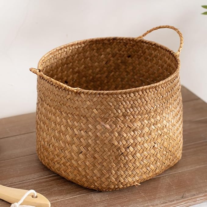Ciieeo Japanese Style Woven Storage Basket Handles Handcrafted Decorative Organizer for Cosmetics Flower Arrangement or Nursery Natural Grass Weave for Home Decor