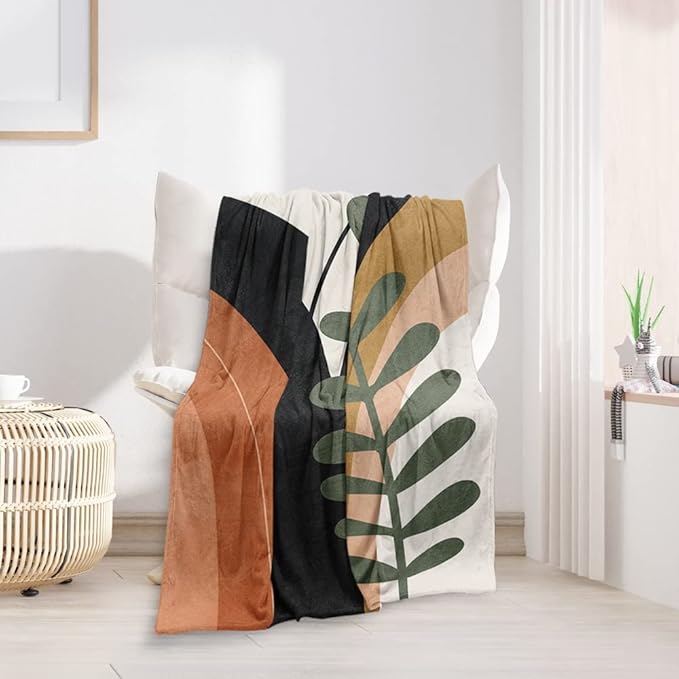 Boho Mid Century Blankets Black Geometric Throws Beige Abstract Modern Throw Blanket Minimalist Sun Soft Warm Bed Bedding Blankets for Couch Bedroom Sofa Office Cozy Flannel Blanket 50"X60"