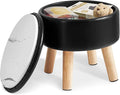IBUYKE 13 Inch Foot Stool Ottoman with Storage, Round Small Foot Rest with Padded Seat and Wood Legs, PU Faux Leather Mini Footstool for Living Room Couch Bedroom Entryway, Black WBD023B