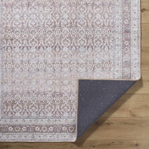 Hauteloom Tosca Machine Washable Area Rug - Floral Border Distressed Geometric Faded - Traditional Oriental Turkish Transitional Oushak - Dark Red, Beige, Cream, Blush, Gray - 2' x 2'11" - color: Brown, Beige, Cream / Tosca, size: 1'11" x 2'11" (Rectangul