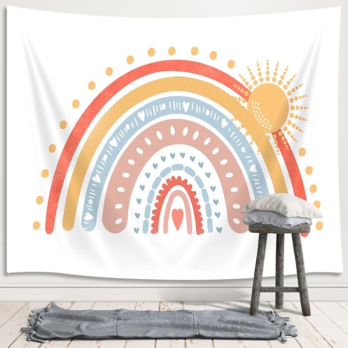 Rainbow Decor Tapestry, Bohemian Colorful Rainbow Tapestry Wall Hanging for Classroom Kids Girls Bedroom Aesthetic, Retro Bohemian Pastel Tapestries Poster Blanket College Dorm Home Decor 90X70Inches