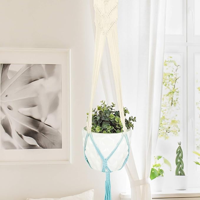 LIVALAYA Macrame Plant Hangers Wall Planter - Blue Ombre 48 Inch, for Indoor or Outdoor, 100% Cotton Rope Hanging Plant Holder with Tassel for Flower Pots and Succulents - Modern Boho Home Décor