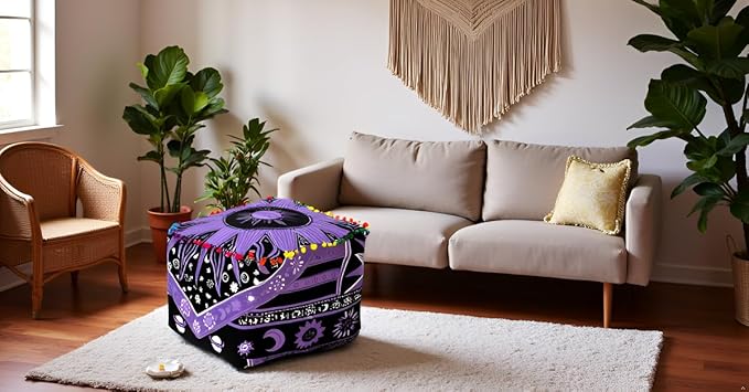 CRAFT KALA Large Hippie Mandala Meditation Floor Ottoman Pillow Cushion Pouf Cover Square Poufs Cover Bohemian Circle Floor Cushion Cover Outdoor Living Room Decor 22X22X14 inches, Purple Burning Sun