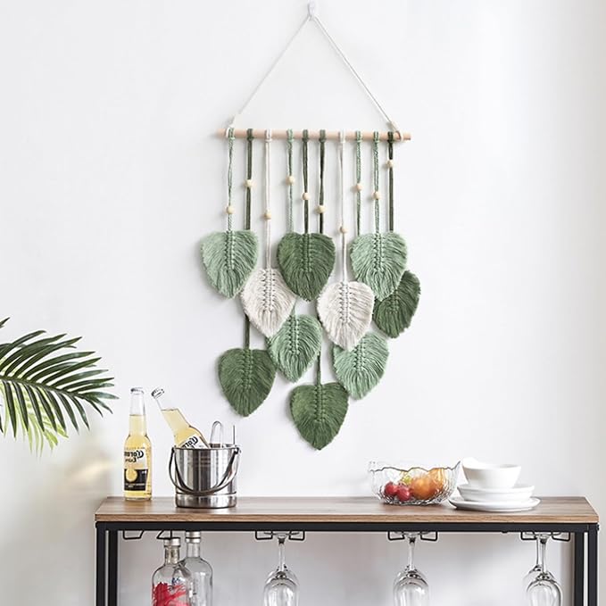 Avoik Macrame Wall Hanging Boho Woven Tapestry Handmade Home Wall Decor Bohemian Leaf Modern Chic Wall Art Green Feather Decorations for Living Room Bedroom Apartment Nursery Farmhouse Backdrop