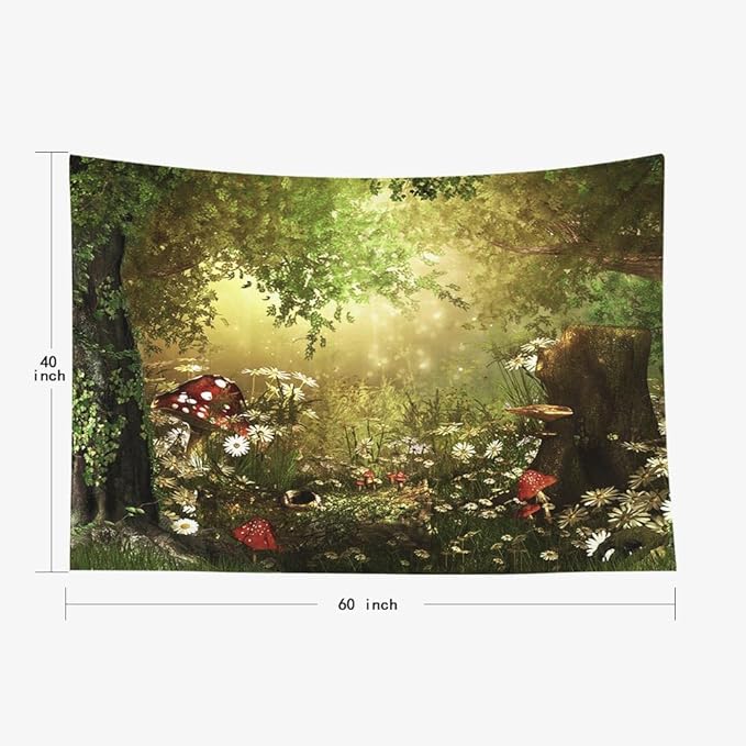 EMMTEEY Forest Tapestry Tree Tapestry Charming Fairy Tale Woodland Daisies Tapestry 60X40 Tapestry Bedroom Tapestry, Green Fantasy