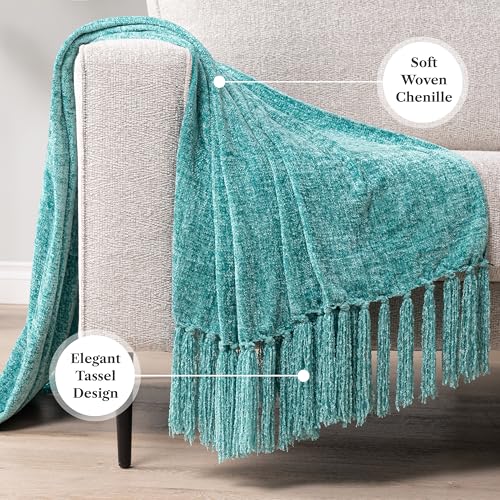 PAVILIA Teal Green Blanket for Couch, Twin Size Bed, Chenille Throw for Sofa Bed, Soft Knit Woven Turquoise Blanket with Decorative Tassel for Living Room, Teal Green Twin 60x80 - color: Teal, size: 60 X 80 Inches - Twin