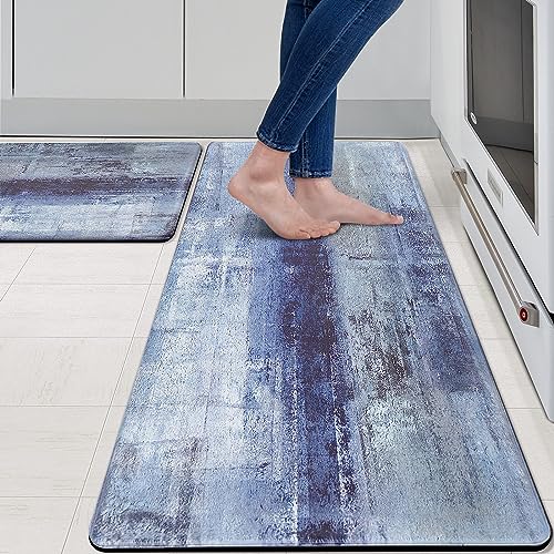 MAYHMYO Anti Fatigue Kitchen Mat - Set of 2 - Blue and Marble Design Comfort Mats - Cushioned, Non Slip Floor Mat - color: Blue, size: 29"L X 17.3"W X 0.4"Th + 47"L X 17.3"W X 0.4"Th