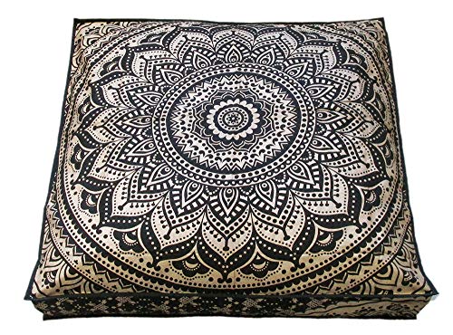 CRAFT KALA Mandala Floor Pillow Cushion Cover Seating Throw Cover Hippie Decorative Bohemian Ottoman Poufs Pom Pillow Cases Boho Indian Cotton Living Room Yoga Home Décor 24" Square, Black Gold Ombre - color: Black Gold Ombre, size: 24" x 24" (Pack of 1)