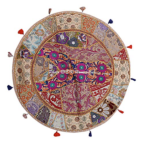 Indian Bohemian Floor Cushion Adult Beige 32 Inch Patchwork Living Room Pouffe Footstool Home Decor Embroidered Vintage Cotton Round Floor Pillow Boho 32x32
