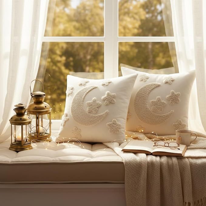 Tosleo Ramadan Pillow Covers 18x18 inch Set of 2 Beige Tufted Embroidery Throw Pillow Covers Ramadan Eid Mubarak Cushion Covers Moon and Star Decorations for Home Couch Sofa Outdoor