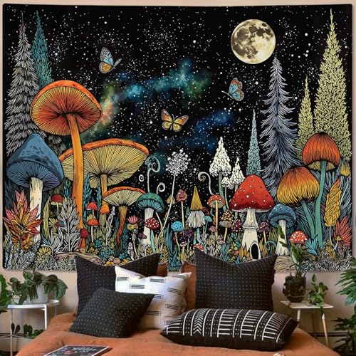 Accnicc Hippie Mushroom Forest Tapestry Fantasy Starry Night Moon Pine Tree Wall Tapestry for Bedroom Aesthetic Butterfly Large Tapestries Wall Hanging for Dorm Living Room Decor 80 × 60 Inch - color: Black Cyan, size: 80"L x 60"W