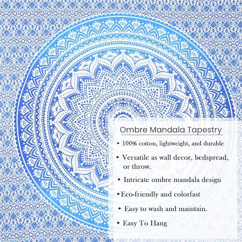 THE ART BOX Aqua Blue Cotton Tapestry Mandala Wall Hanging – Tapestry for Bedroom – Boho Room Decor – Twin Size Aesthetic Wall Tapestry 55x82 Inches - color: Blue and White, size: 55"L x 82"W
