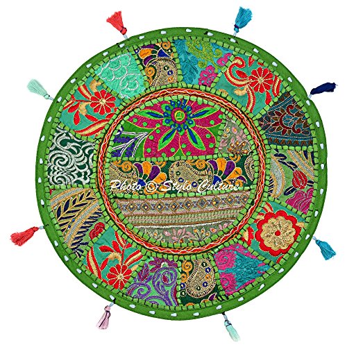 Indian Pillow Seats for Floor Vintage Bohemian Patchwork Boho Cushion Cover Parrot Green Round Throw Pillow 18 Small Decorative Decor Seating Tuffet Footstool Cotton Embroidered 1 Pc - color: Parrot Green