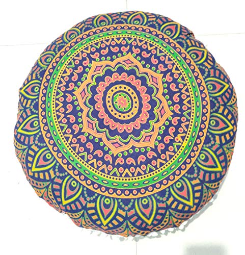 ICC New Blue Ombre 24" Mandala Barmeri Large Floor Pillow Cover Cushion Meditation Seating Ottoman Throw Cover Hippie Decorative Zipped Bohemian Pouf Ottoman Pom Pom Cases 24" Round - color: Blue Yellow, style: 24 Inch Round