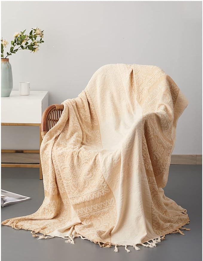 AIVIA Boho Throw Blanket, Chenille Jacquard Bohemian Chair Recliner Furniture Cover Aztec Hippie Throws Loveseat Sofa Blankets (Tan Beige Cream Vintage, 60" x 75")