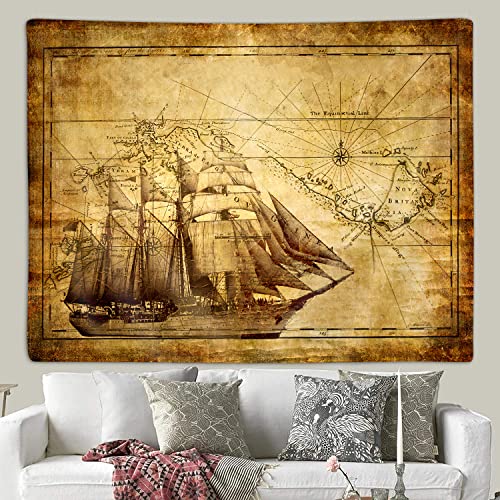 Old Map Tapestry, Vintage Nautical Pirate Treasure World Map Art Tapestries Wall Hanging for Men Bedroom College Dorm Living Room Office Decor 60X40", Fun Pirate Ship Cool Poster Blanket - color: Map-2, size: 40"L x 60"W