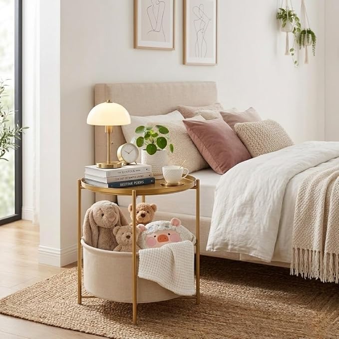 danpinera Round Side Table with Fabric Storage Basket, Metal Side Small Bedside Table Nightstand with Removable Tray Top for Living Room, Bedroom, Nursery, Bathroom, Gold