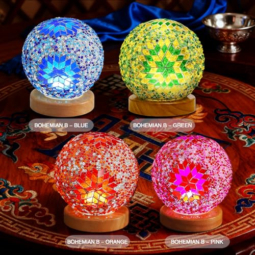 Bohemian Mosaic Table Lamp Mosaic Glass Lamps with Wooden Base Dimmable Colored Glass Night Light for Ramadan/Eid Holiday Gathering Decoration Unique Housewarming Gift (Boho-Orange, Boho) - style: Bohemian B Orange