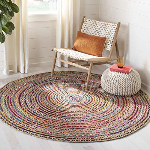 SAFAVIEH Cape Cod Collection 3' Round Natural/Multi CAP251A Handmade Boho Braided Jute Entryway Foyer Living Room Bedroom Kitchen Area Rug - size: 3' (Round)