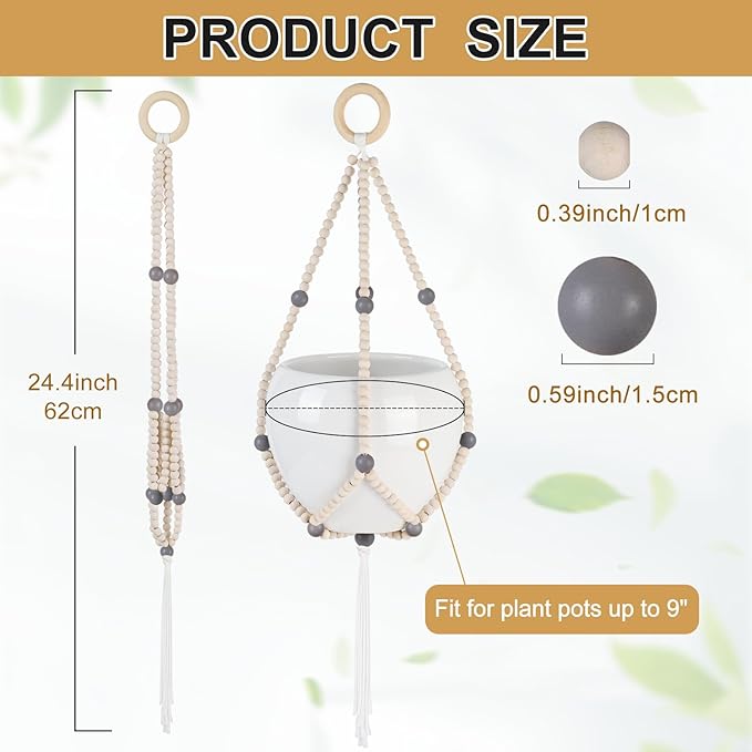 Hotfiary Plant Hanger Indoor Hanging Plant Holder Hang Planter Basket Wood Bead Decorative Flower Pot Holders Boho Farmhouse Rustic Decor Indoor Outdoor (Pot Not Included)