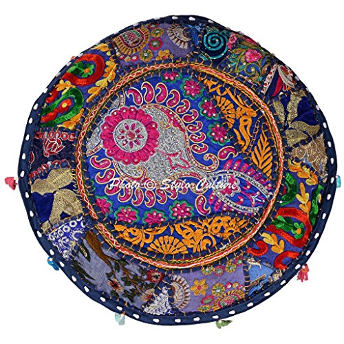 Cotton Indian Ethnic Floral Patchwork Embroidered Round Ottoman Pouf Cover Blue Foot Stool Furniture 45 cm Footstool Floor Cushion Home Decor Bean Bag - color: Dark Blue