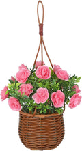 Artificial Rose Flowers with Hanging Woven Basket, Faux Blooming Roses in Fake Rattan Planter with Rope, Romantic Floral Arrangement for Home Wall Porch Patio Balcony Summer Wedding Decor, Light Pink
