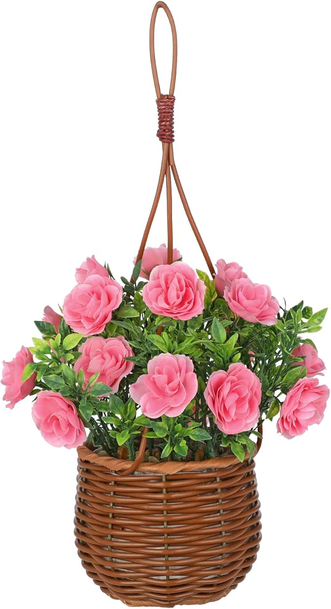 Artificial Rose Flowers with Hanging Woven Basket, Faux Blooming Roses in Fake Rattan Planter with Rope, Romantic Floral Arrangement for Home Wall Porch Patio Balcony Summer Wedding Decor, Light Pink