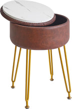 IBUYKE Faux Leather Round Footrest Stool with Storage Ottoman, Makeup Vanity Chair Side Table, PU Dressing Table Seat, Removable Cover, Golden Steel Legs, Dark Brown WBD024Z