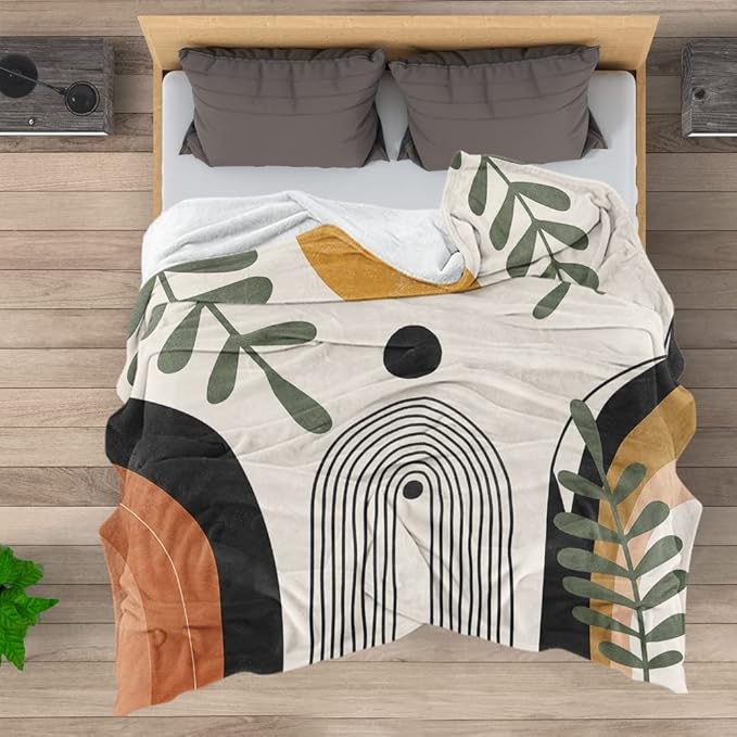Abstract Modern Throw Blanket Boho Minimalist Mid Century Sun Aesthetic Soft Warm Bed Bedding Women Blankets for Couch Bedroom Sofa Office Cozy Flannel Blanket Orange Beige Black,60"X80"