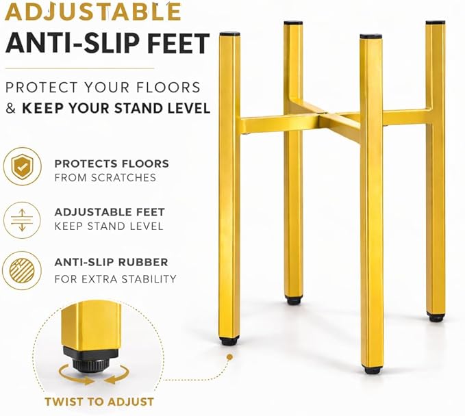 Gold Metal Plant Stand for Indoor Plants, Adjustable Heavy Duty Plant Stand Fits 8-14 Inch Pots, Modern Brass Flower Pot Holder with Anti-Scratch Feet, Mid Century Indoor Plant Stand