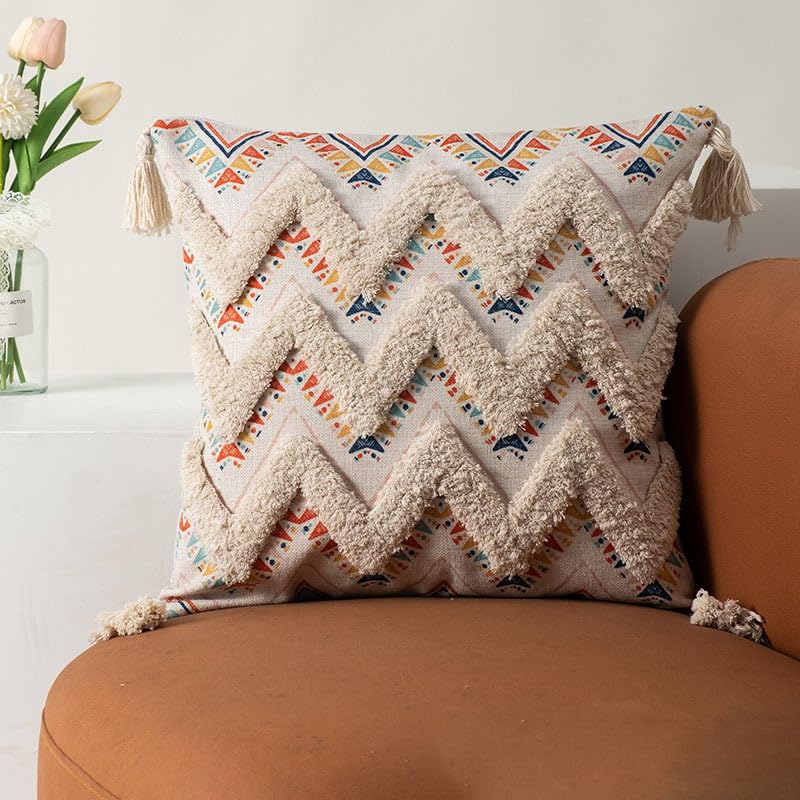 Boho Tufted Decorative Throw Pillow Cover, Cozy Bohemian Cotton Canvas Cushion Cover Tassels Pillow Case Home Decor 17"X 17",02