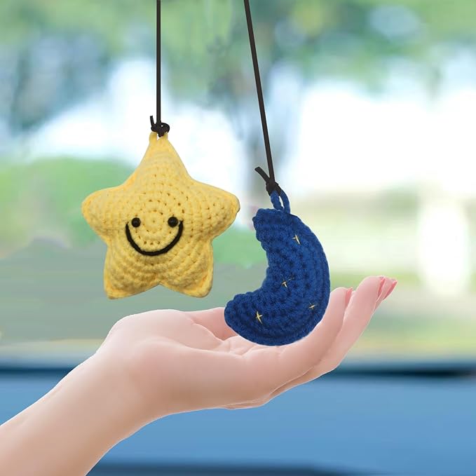 Car Rearview Mirror Hanging Ornament, Crochet Flower Basket Plant Accessories, Handmade Knitted Car Ornament Boho Accessories for Women (Star and Moon)
