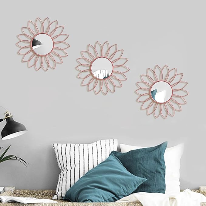 3 Pack Metal Mirrors for Wall Sunburst Wall Mirrors Home Décor Decorative Hanging Wall Art for Living Room Bedroom Entryway (Pink, Flowers)