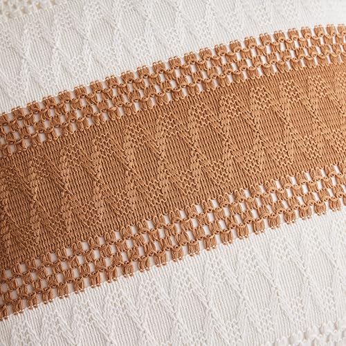 Soft Cotton Boho Throw Pillow Covers Set of 2, Natural White/Contrast Caramel 18x18 Inch, Caramel Farmhouse Decorative Cushion Covers for Sofa Bed Living Room Home Decor - color: Natural White/Contrast/Caramel, size: 18" x 18" (Pack of 2)