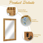 Rattan Wall Mirror - Boho Mirror Hanging Wicker Mirror for Bathroom Entryway Wall Decor, 20" x 30", Rectangle