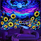 Dermijer Blacklight Moon Sunflower Tapestry Starry Night Mountian UV Reactive Wall Hanging Tapestries Galaxy Space Nature Landscape Tapestry for Home Decor 90.2L x 70.8W - size: 92.5"L x 70.8"W