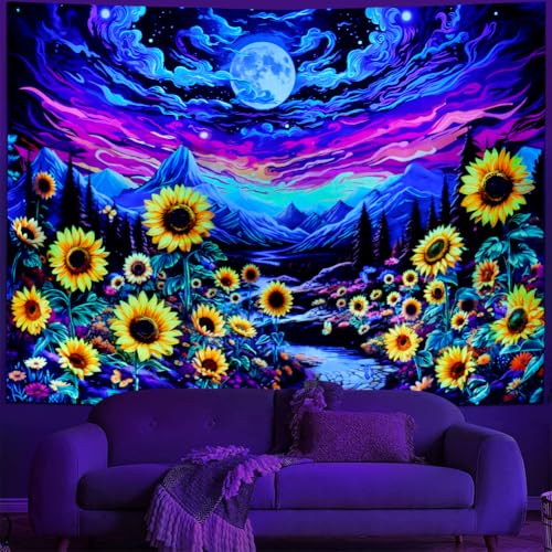 Dermijer Blacklight Moon Sunflower Tapestry Starry Night Mountian UV Reactive Wall Hanging Tapestries Galaxy Space Nature Landscape Tapestry for Home Decor 90.2L x 70.8W - size: 92.5"L x 70.8"W