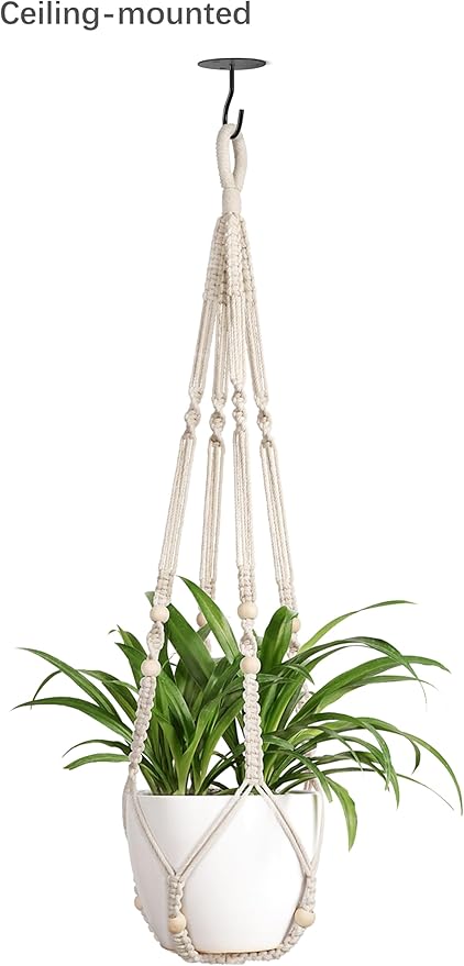 Mkono Macrame Plant Hangers Indoor Jute Hanging Planter Basket and Ceiling Hooks, Wood Beads Decorative Flower Pot Holder for Indoor Outdoor Boho Home Decor,Brown