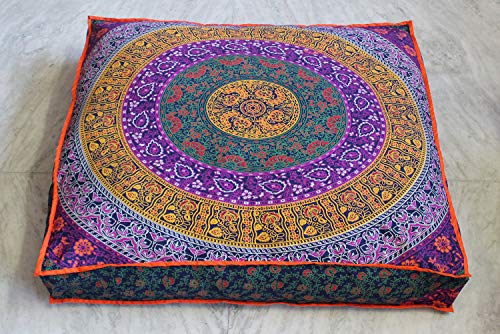 CRAFT KALA Mandala Floor Pillow Cushion Cover Seating Throw Cover Hippie Decorative Bohemian Ottoman Poufs Pom Pom Pillow Cases Boho Indian Cotton Living Room Yoga Home Décor (24" Square Multi 6 Kaam) - color: Multi 6 Kaam, size: 24" x 24" (Pack of 1)