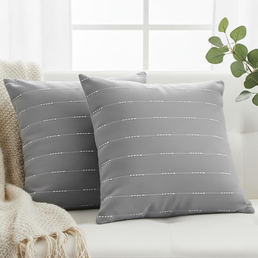 Contemporary Luxury Cotton Pillow Covers 20 x20 inches Gray/Woven Loom Stripe Pattern Modern Cushion Covers/Simple Throw Pillow Cases for Living Room Sofa, Couch, Bed, Set of 2 - color: Gray, size: 20" x 20" (Pack of 2)