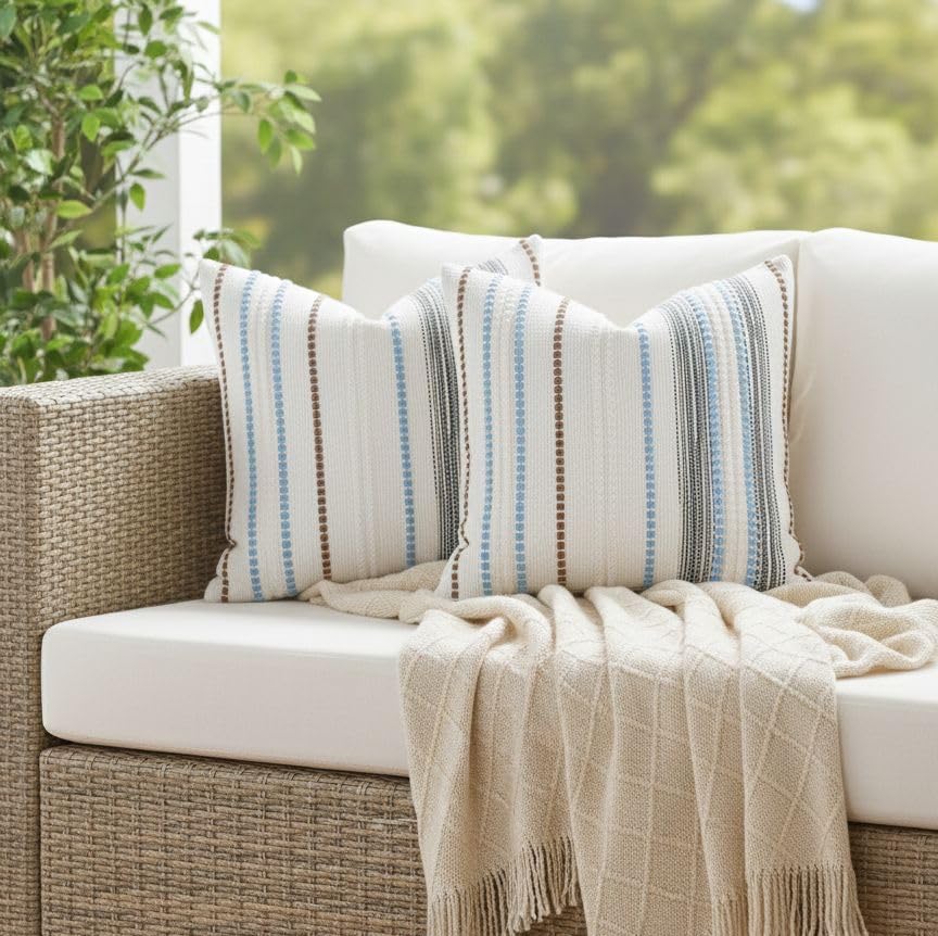 Pack of 2 Boho Throw Pillow Covers,Blue Brown White Striped Farmhouse Decorative Square Textured Woven Pillowcase for Sofa Couch Bed Living Room Decor,18x18 Inch