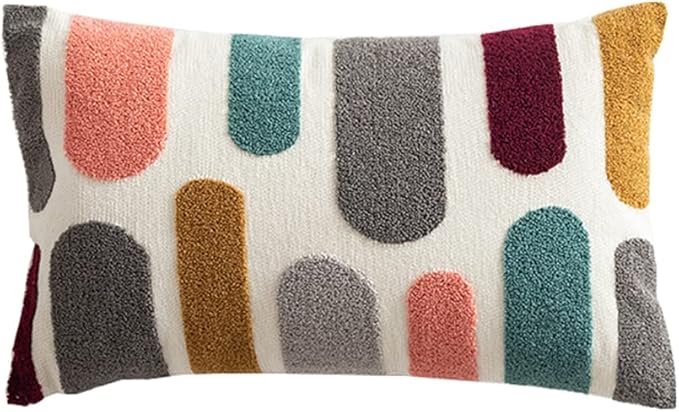 Boho Abstract Tufted Throw Pillow Cover Geometric Embroidered Decorative Pillowcase Farmhouse Cotton Lumbar Accent Cushion Cover for Sofa Couch Bedroom (Type I,12"x20")