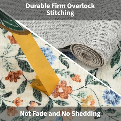 GarveeHome Washable Rug 6 x 9, Low Pile Farmhouse Floral Rug, Non-Shedding Indoor Foldable Printed Carpet Non-Slip Soft Vintage Throw for Bedroom Dining Room Kitchen, Green - color: Green, size: 6' x 9' (Rectangular)