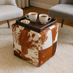 Unstuffed Premium Hair-on Leather Ottoman Pouf Cover, Boho Handmade Genuine Cowhide Square Footstool, Modern Cube Ottoman Footrest for Home Decor Living Room, Bedroom - 18X18 Inch, Tan & White