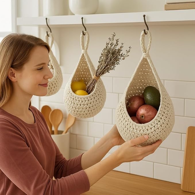 6 Pack Natural Cotton Rope Hanging Basket Hand Woven Wall Mounted Hung Fruit Vegetable Potted Plants Organizer Living Room Kitchen Boho Decor Storage Bags (6 Sizes White)