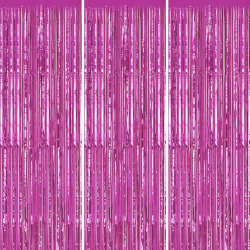 DECOCKRAT 3 Pack Foil Fringe Backdrop - Hot Pink Shiny Tinsel Curtains for Party Decoration/Photo Booth Props - 3.3x8.2 FT Metallic Foil Backdrop for Birthday, Wedding, Graduation, Christmas. - color: Hot Pink