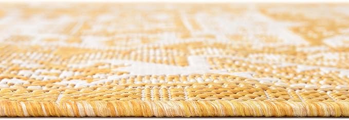 Rugs.com Outdoor Aztec Collection Rug – 12 Ft Runner Yellow Flatweave Rug Perfect for Hallways, Entryways