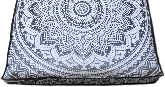 ICC Large Square Floor Pillow Cover Hippie Ottoman Pouf Cover Daybed Cotton Mandala Cushion Cover with Heavy Duty Zipper Seating Ottoman Poufs Dog-Pets Bed (Gray Ombre, 35" Square)