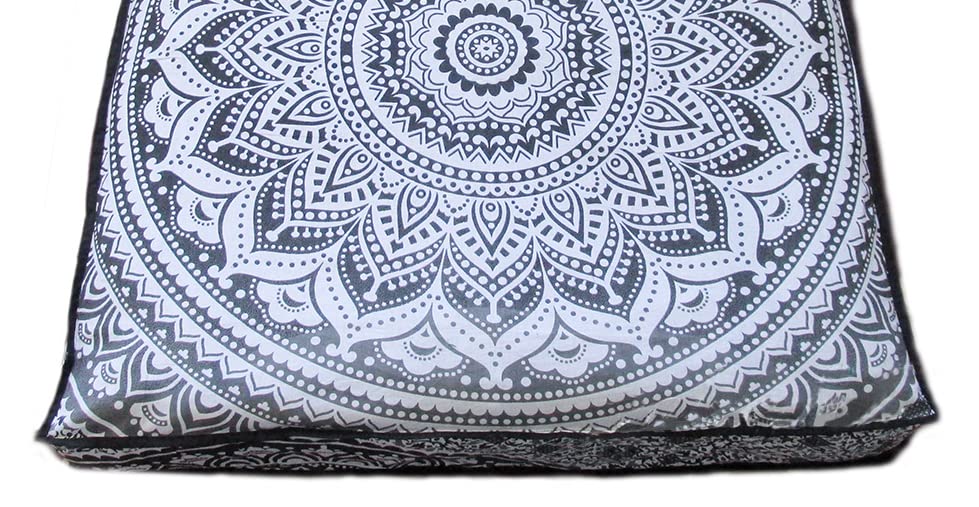 CRAFT KALA Mandala Floor Pillow Cushion Cover Seating Throw Cover Hippie Decorative Bohemian Ottoman Poufs Pom Pom Pillow Cases Boho Indian Cotton Living Room Yoga Home Décor (24" Square, Grey Ombre) - color: Grey Ombre, size: 24" x 24" (Pack of 1)