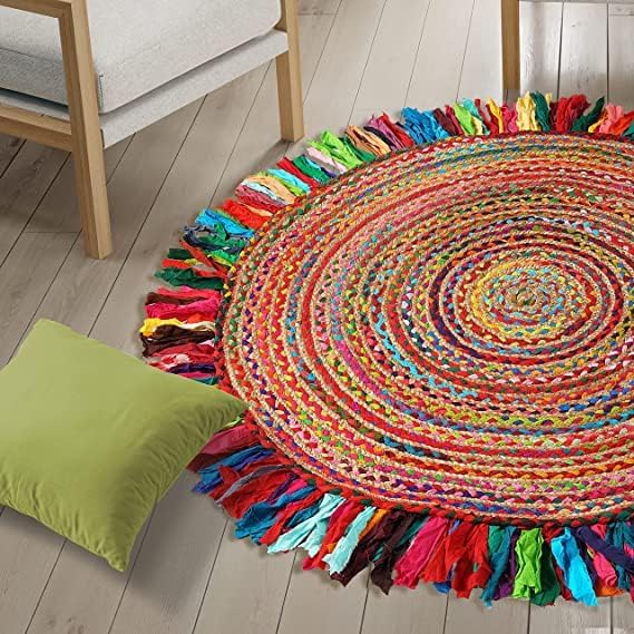 GRUHUM Jute Area Rug 6ft-Natural Fiber Round Cotton Fringes Handmade Boho Multicolour Soft Braided Rustic Vintage for Indoor Outdoor Kitchen Bedroom Living Room Hallways Enterway (6'ft Round) - color: Red/Multicolor 31, size: 6' (Round)
